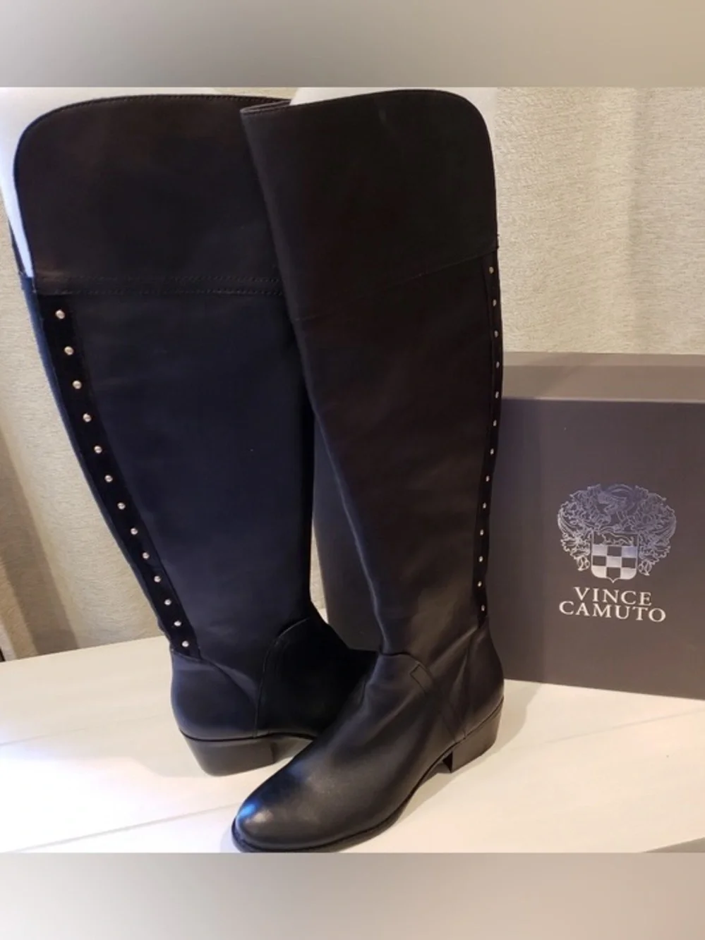 Vince Camuto Black Knee-High Studded Leather Riding Boots
